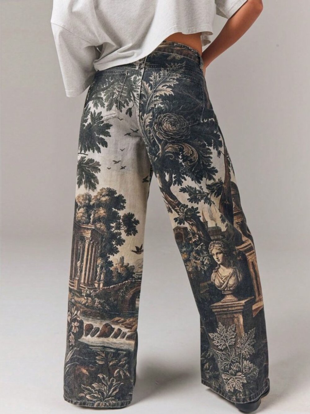 Brown Tapestry Print Wide Leg Denim Jeans - Extra Long - Picture 3 of 7
